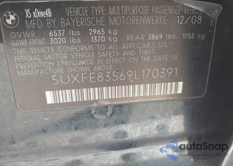 2009 BMW X5 xDrive48I z USA, uszkodzony, nr VIN 5UXFE83569L170391